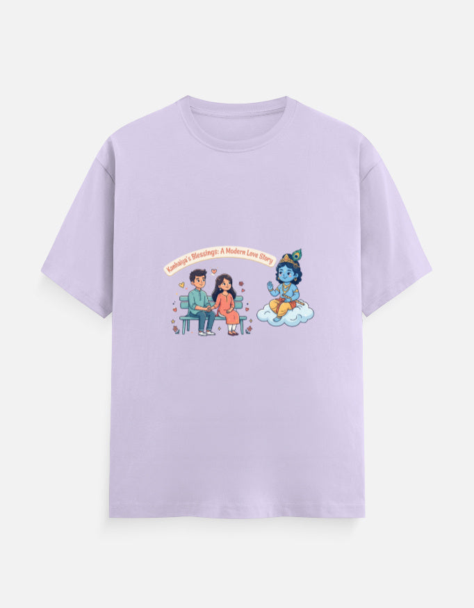 Lavender unisex crew-neck t-shirt with colorful Radha Krishna graphic print.