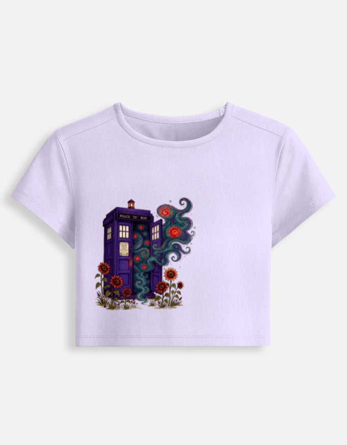 Women's fitted crop baby tee, lavender front with colorful house graphic