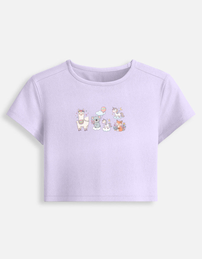 Women’s fitted crop baby tee in lavender with colorful animal graphic at center chest