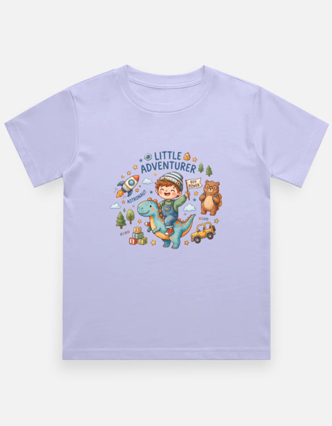 Kids graphic crew-neck T-shirt, lavender, front cartoon adventure print.