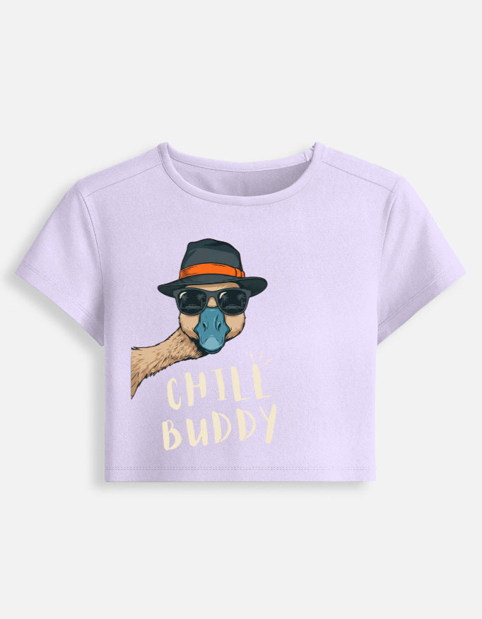 Women's graphic baby tee, lavender fitted crop top, “Child Buddy” front illustration