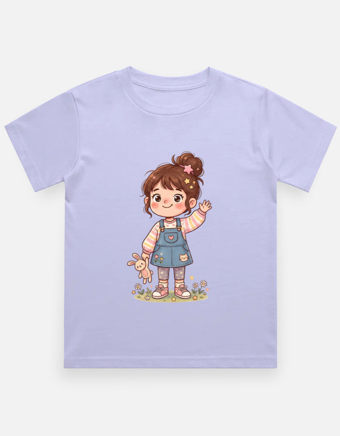 Kids graphic crew neck T-shirt, lavender with girl character and teddy print on front