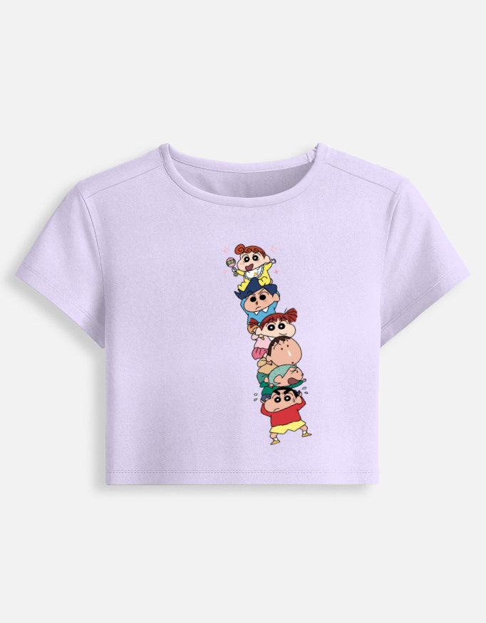 Women’s fitted crop baby tee, lavender, front graphic of stacked cartoon kids