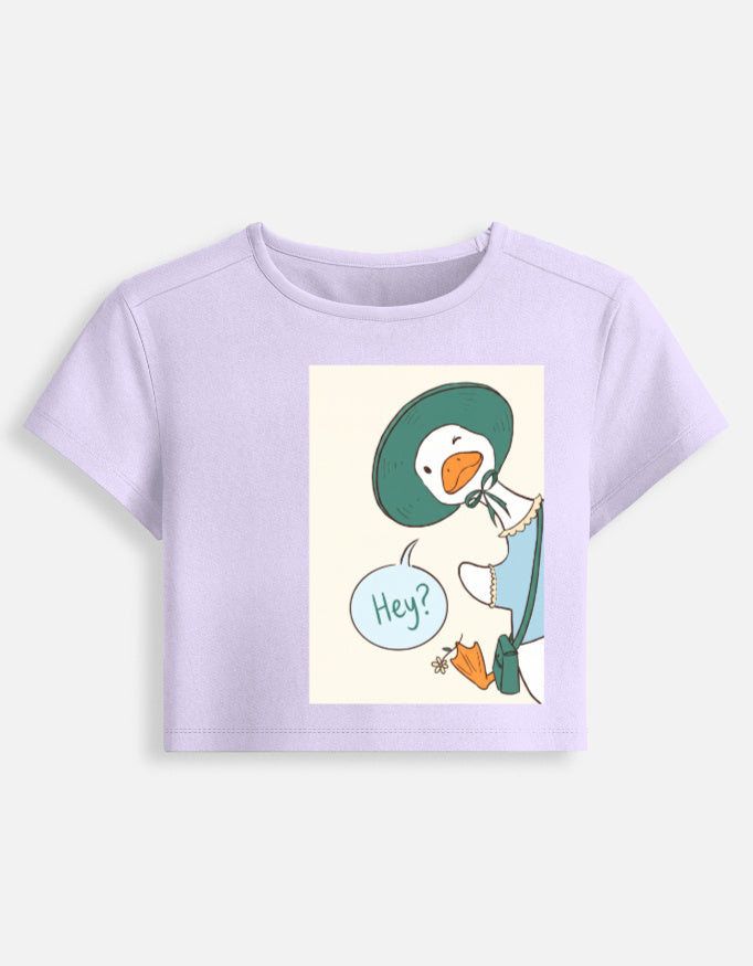 Women’s fitted crop baby tee, lavender, front graphic with “Hey” speech bubble