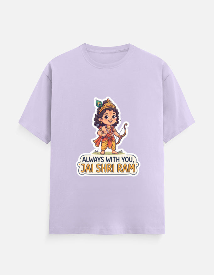 Lavender unisex crew-neck t-shirt with colorful deity graphic and "Always with you, Jai Shri Ram"