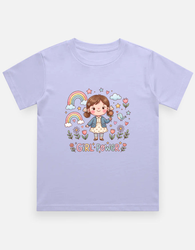 Kids graphic crew neck T-shirt, lavender with rainbow girl “Girl Power” print