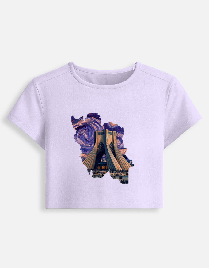 Women’s fitted crop baby tee, lavender, with colorful lighthouse graphic on front