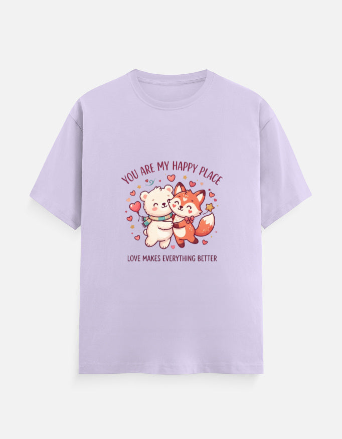 Unisex crew-neck graphic t-shirt, lavender purple, cartoon heart couple illustration on chest