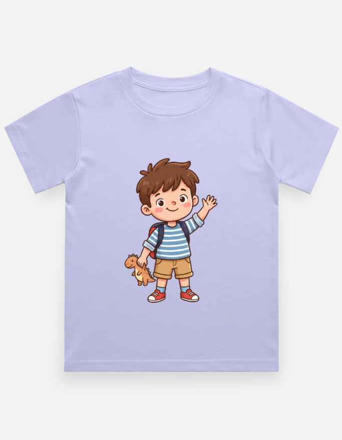 Kids crew neck T-shirt in lavender with cartoon boy and dog graphic on front