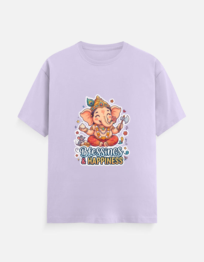 Unisex crew neck t-shirt, lavender, Ganesha graphic with “Blessings & Happiness”