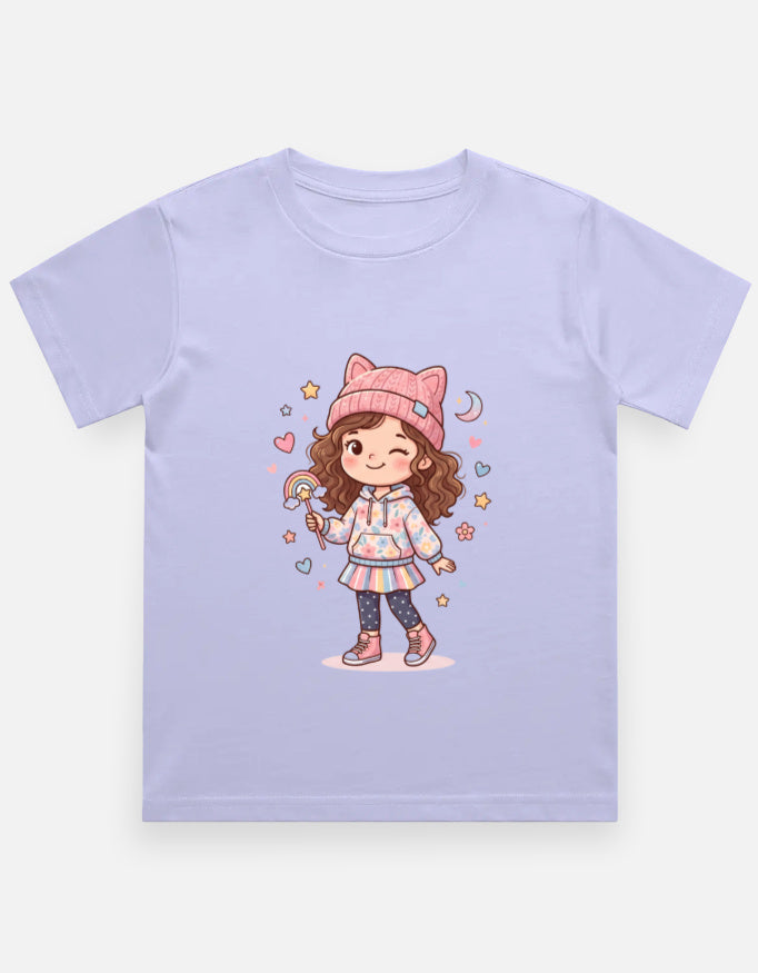 Kids girl’s graphic crew neck T-shirt, lavender with cartoon girl illustration on front.