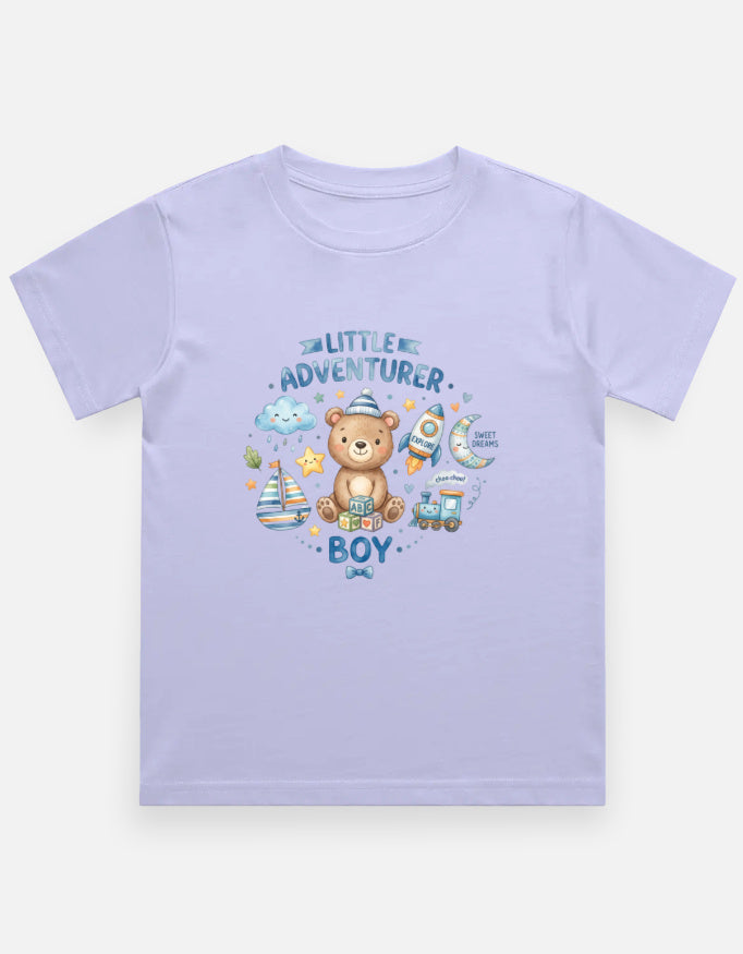 Lavender kids graphic crew neck T-shirt with teddy bear and adventure boy print