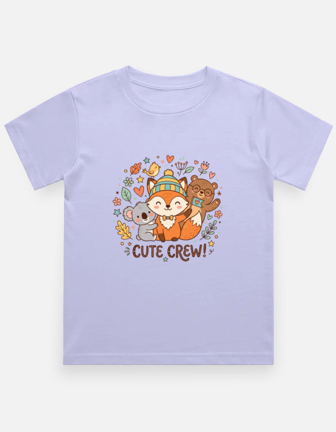 Lavender kids crew neck T-shirt with colorful 'CUTE CREW!' animal graphic