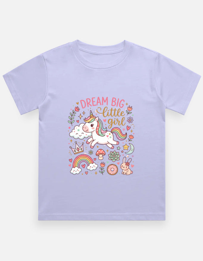 Lavender kids graphic crew-neck T-shirt with unicorn and floral "DREAM BIG" print