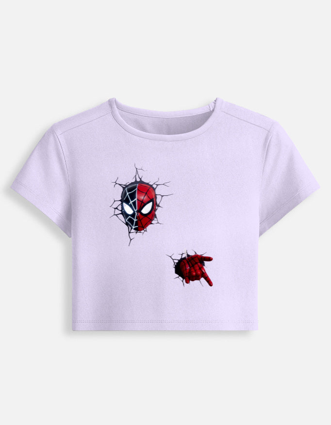 Lavender fitted crop baby tee with crew neck and spider web graphic front