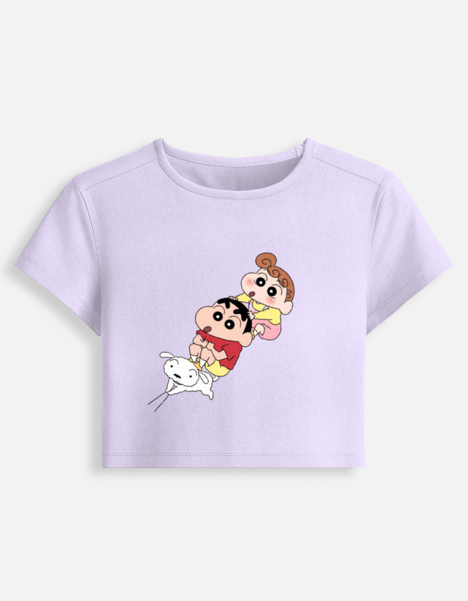 Women's fitted crop baby tee, lavender with cartoon character graphic on front