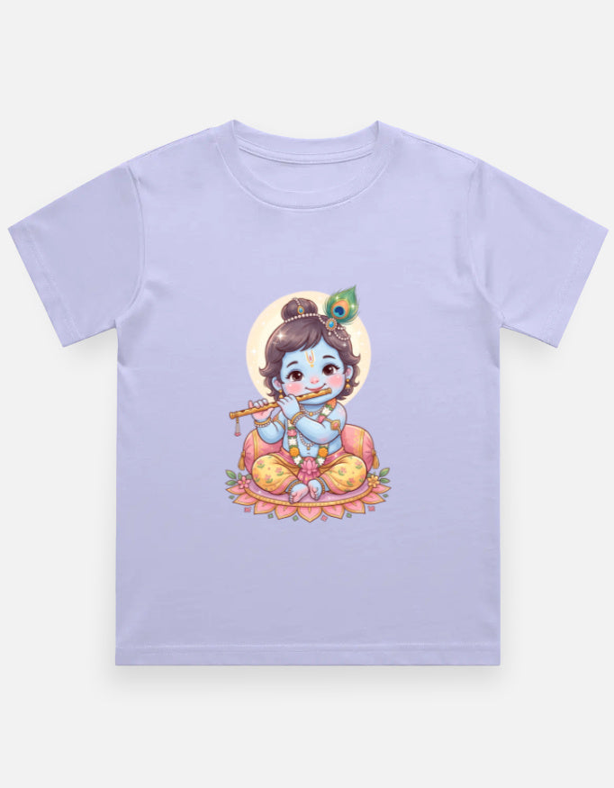 Kids crew neck T-shirt, light lavender, front Krishna-style graphic print