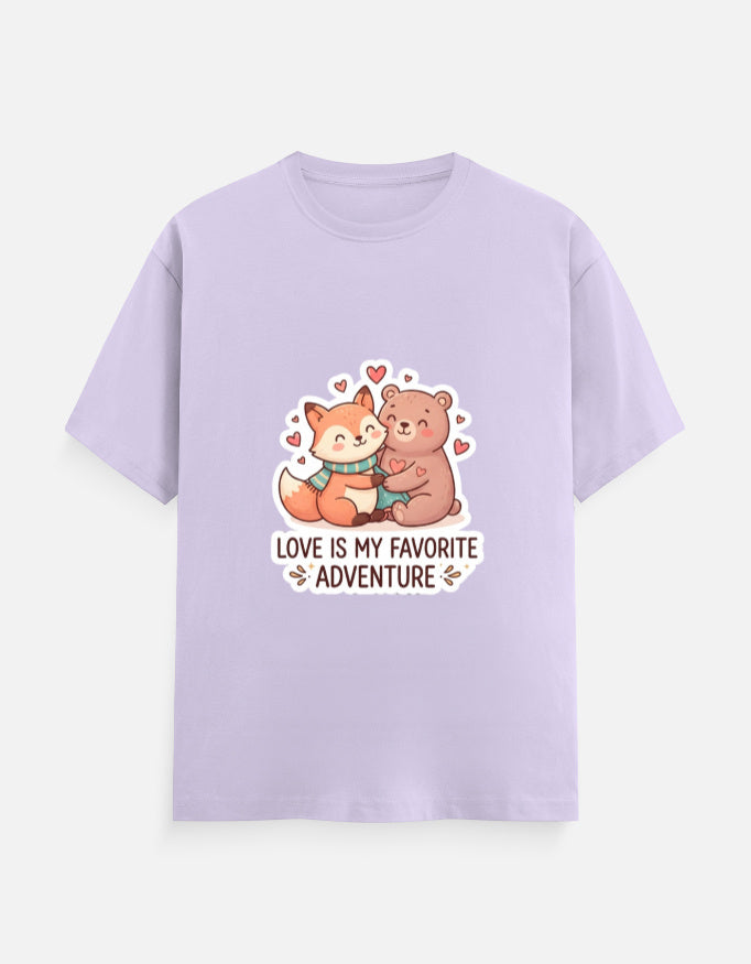 Unisex crew neck T-shirt in lavender with cartoon bear graphic, hearts, and 'Love is my favorite adventure'