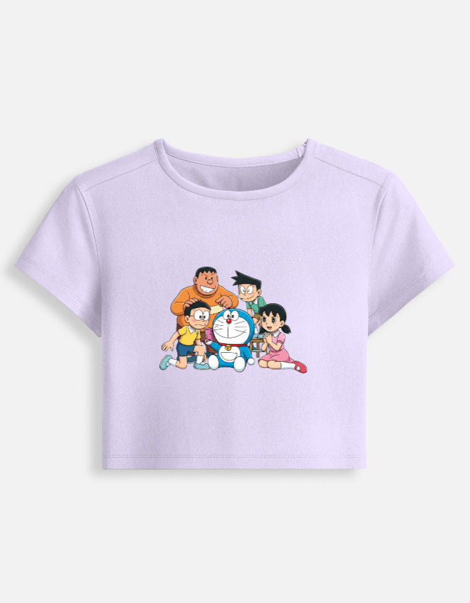 Women’s fitted crop baby graphic tee, lavender; front crewneck with cartoon family print.