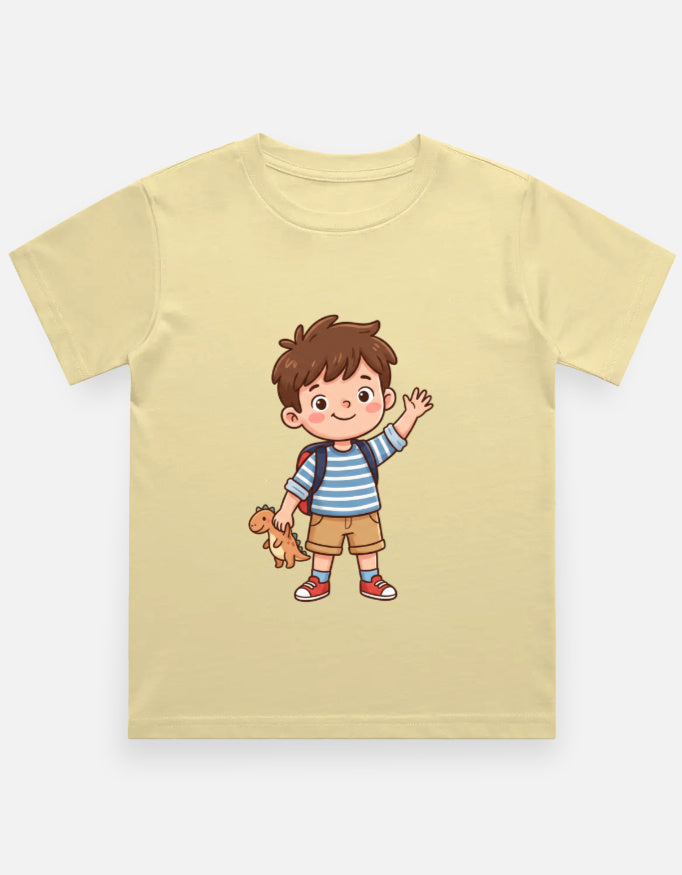 Kids crew neck T-shirt in pale yellow with cartoon boy and dog graphic on front