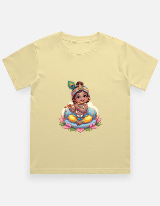 Kids crew neck T-shirt, beige, front Krishna-style graphic print