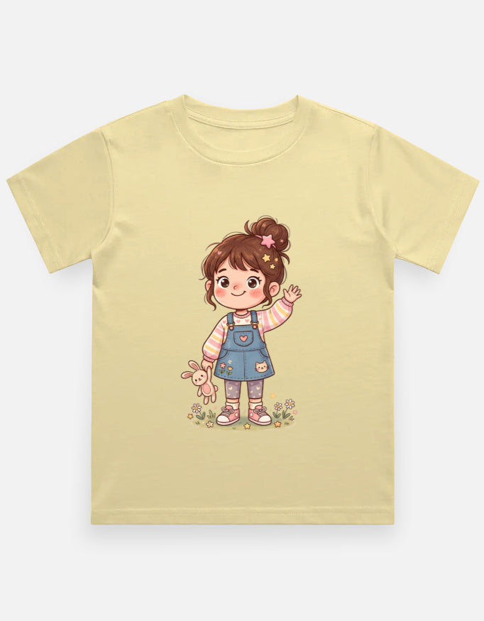 Kids graphic crew neck T-shirt, beige with girl character and teddy print on front