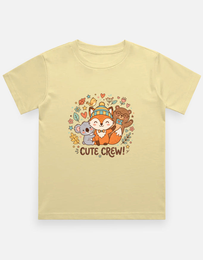 Beige kids crew neck T-shirt with colorful 'CUTE CREW!' animal graphic