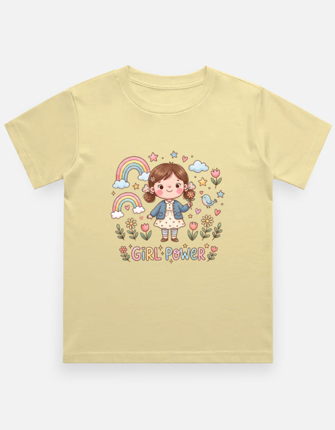 Kids graphic crew neck T-shirt, beige with rainbow girl “Girl Power” print