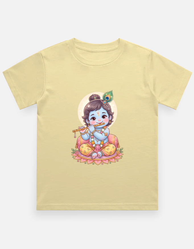 Kids crew neck T-shirt, pale yellow, front Krishna-style graphic print