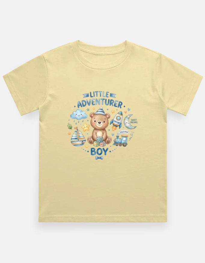 Beige kids graphic crew neck T-shirt with teddy bear and adventure boy print