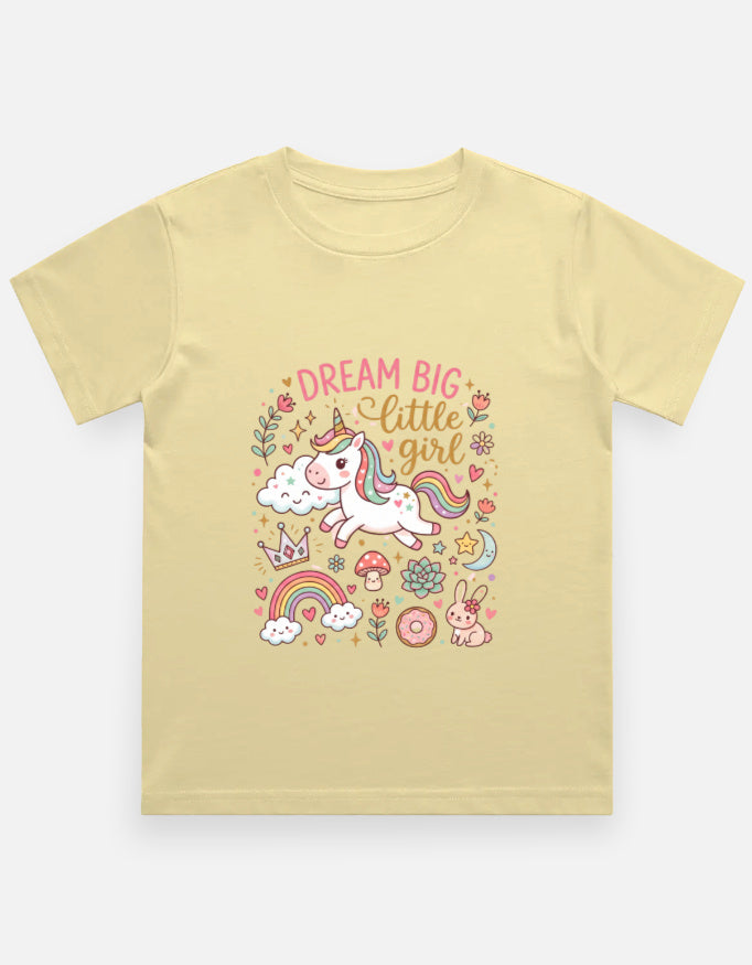 Beige kids graphic crew-neck T-shirt with unicorn and floral "DREAM BIG" print