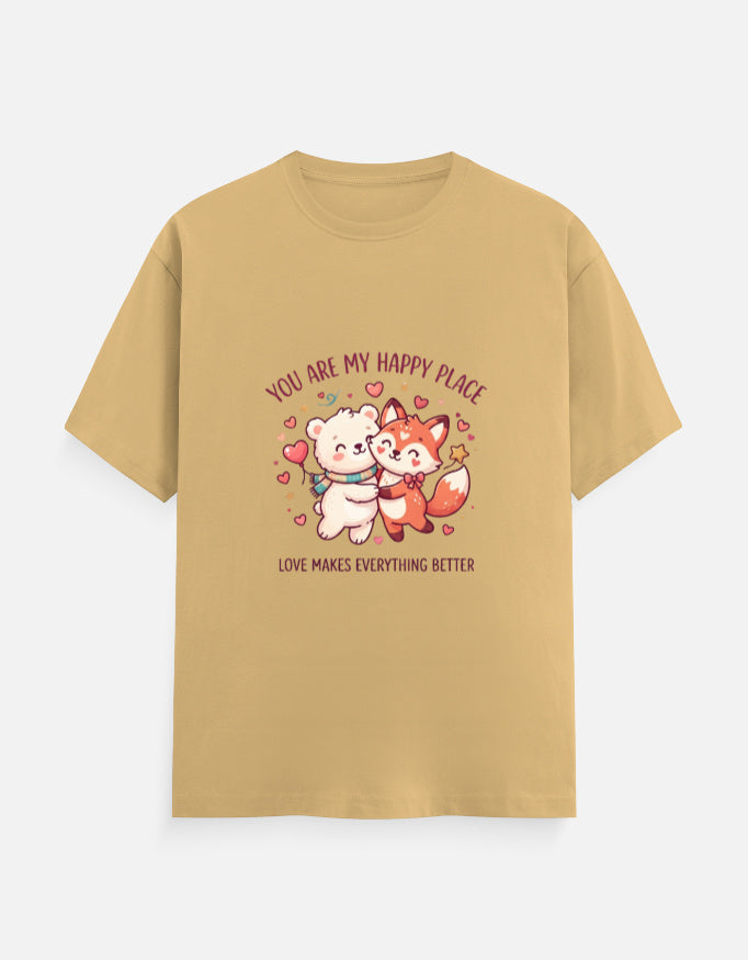 Unisex crew-neck graphic t-shirt, tan, cartoon heart couple illustration on chest