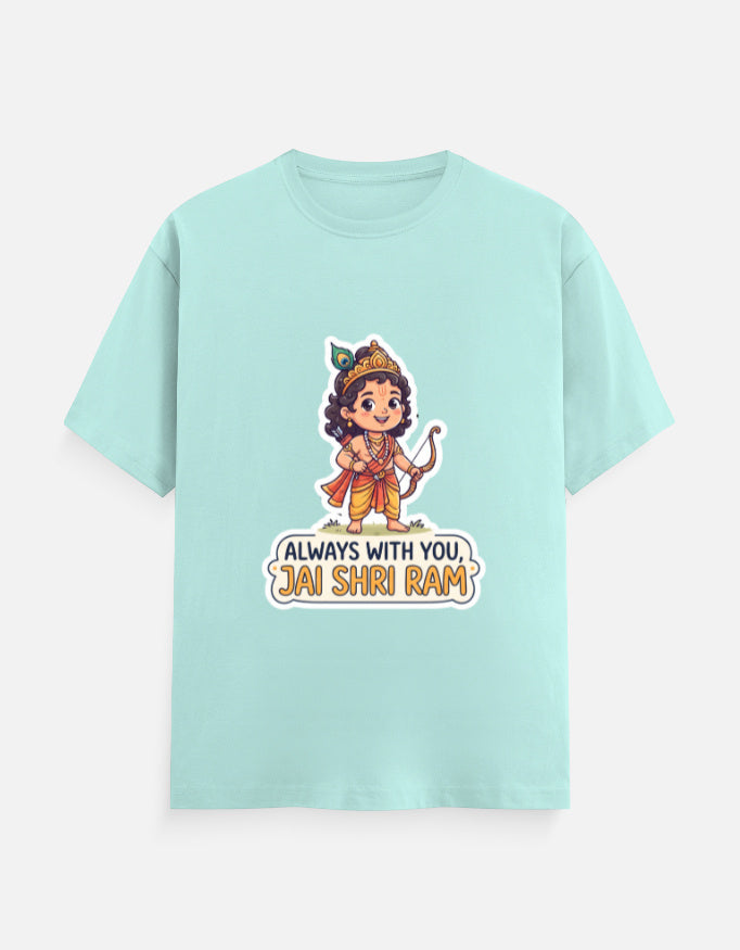 Light teal unisex crew-neck t-shirt with colorful deity graphic and "Always with you, Jai Shri Ram"