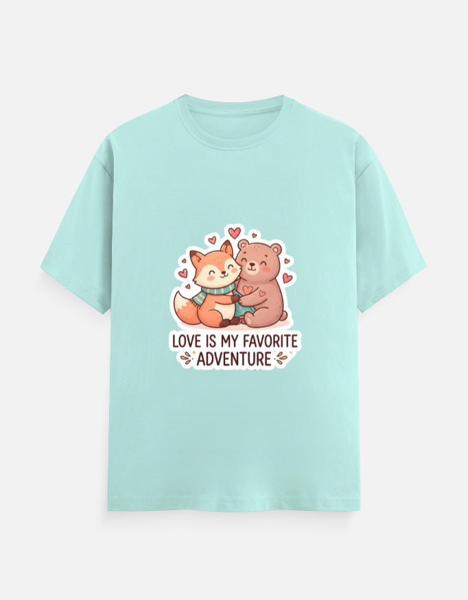Unisex crew-neck T-shirt in light teal with cartoon bear hearts graphic and text "Love is my favorite adventure"