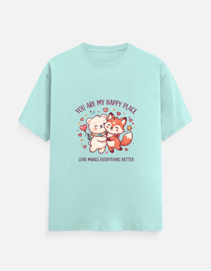 Unisex crew-neck graphic t-shirt, light aqua, cartoon heart couple illustration on chest