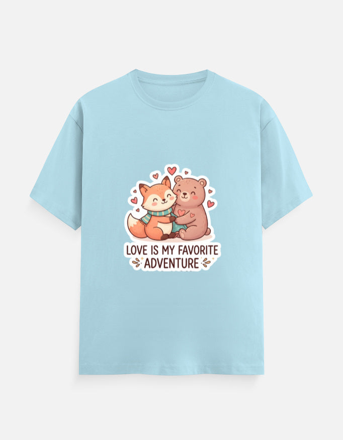 Unisex crew-neck T-shirt in light blue with cartoon bear hearts graphic and "Love is my favorite adventure"