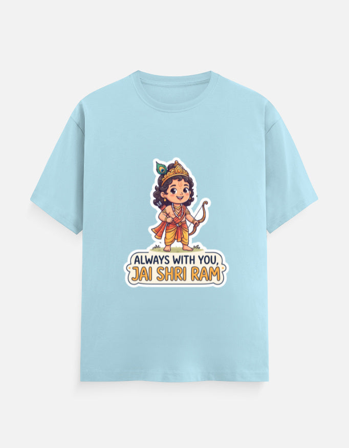 Aqua blue unisex crew-neck t-shirt with colorful deity graphic and "Always with you, Jai Shri Ram"