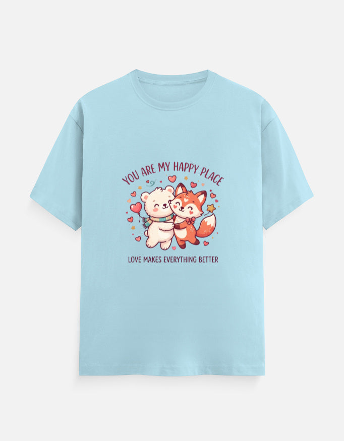 Unisex crew-neck graphic t-shirt, light sky blue, cartoon heart couple illustration on chest