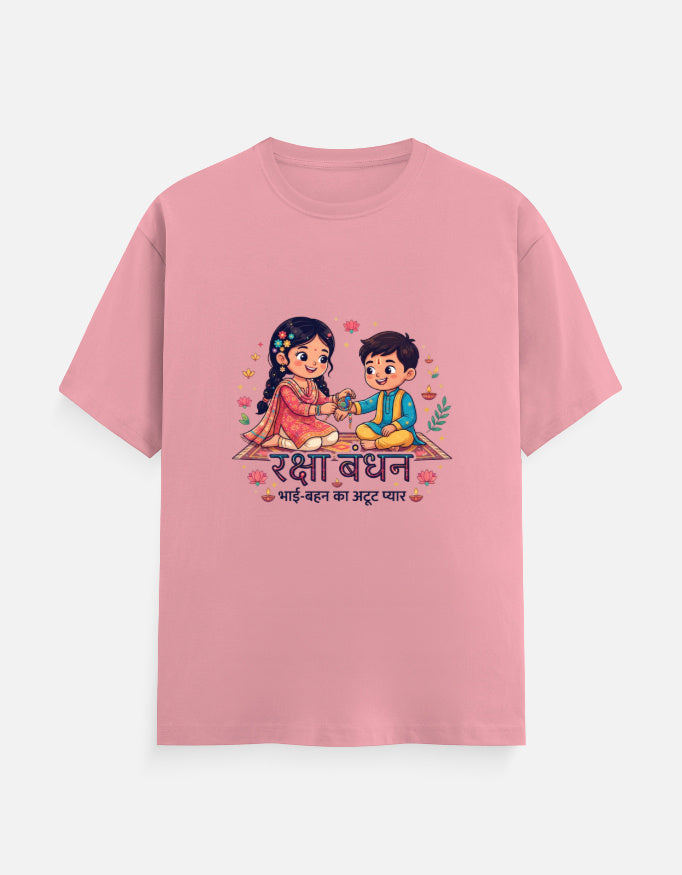 Unisex crew neck T-shirt in flamingo pink with front cartoon couple graphic and text.