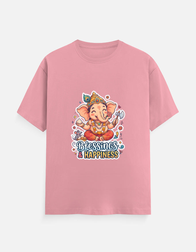 Unisex crew neck t-shirt, pink, Ganesha graphic with “Blessings & Happiness”