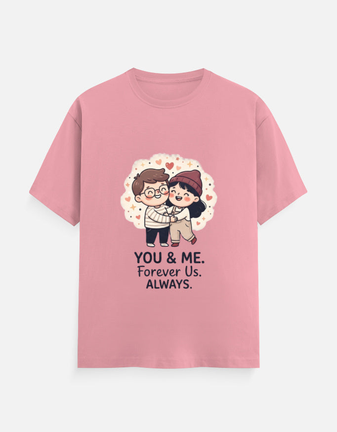 Pink unisex crew neck T-shirt with couple heart graphic and 'YOU & ME' text