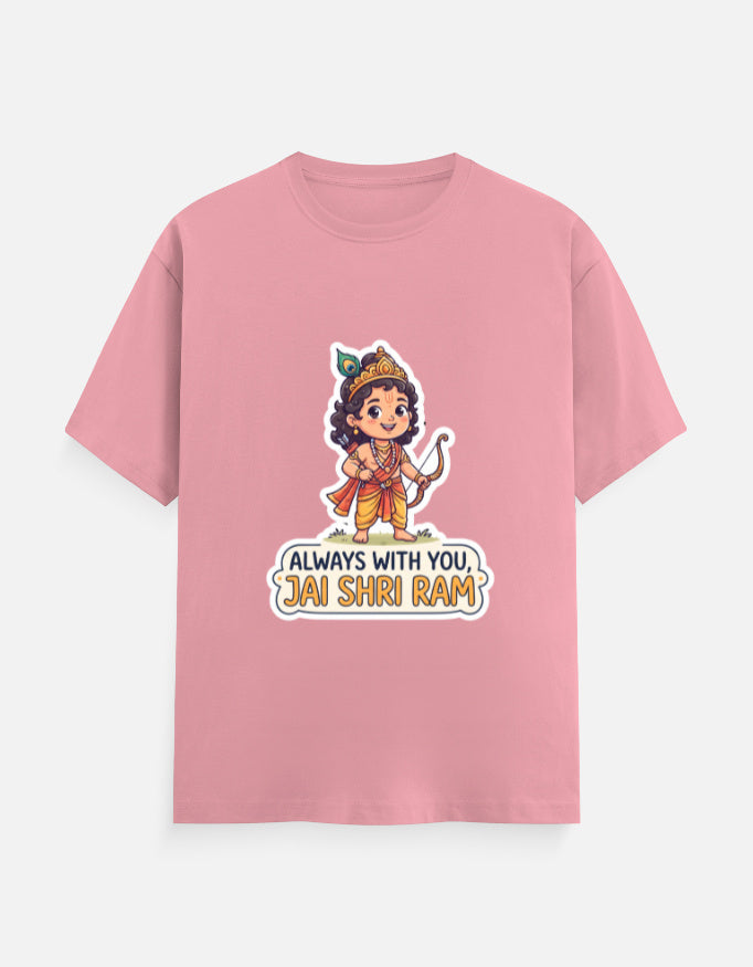 Dusty rose unisex crew-neck t-shirt with colorful deity graphic and "Always with you, Jai Shri Ram"