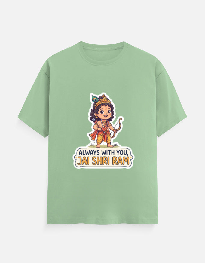 Light sage green unisex crew-neck t-shirt with colorful deity graphic and "Always with you, Jai Shri Ram"