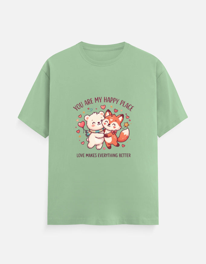 Mint unisex crew-neck tee with 'happy place' cartoon graphic on front.