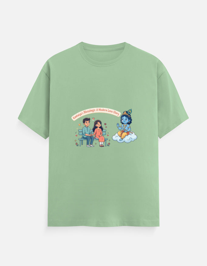 Light green unisex crew neck t-shirt with Radha Krishna graphic on the front
