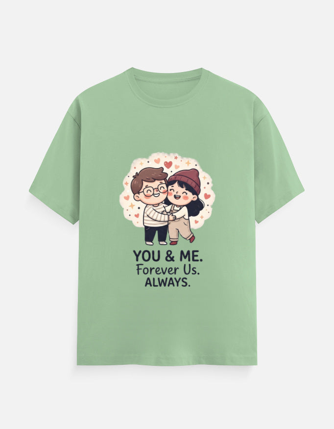 Mint green unisex crew neck T-shirt with couple heart graphic and 'YOU & ME' text