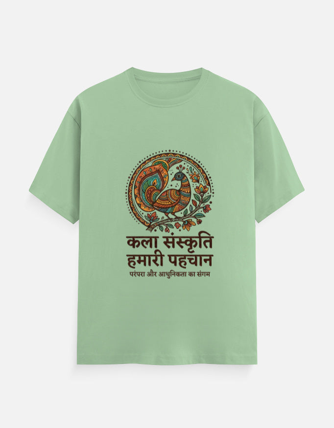 Soft green unisex crew-neck graphic T-shirt with central circular bird and Hindi slogan print