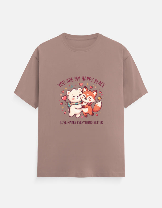 Taupe unisex crew-neck tee with 'happy place' cartoon graphic on front.