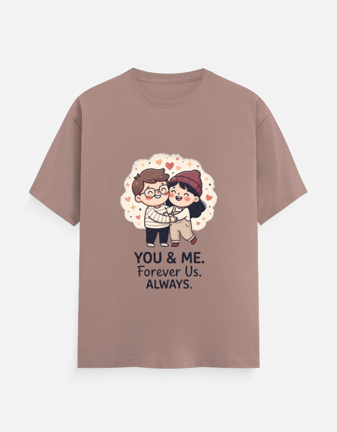 Taupe unisex crew neck T-shirt with couple heart graphic and 'YOU & ME' text
