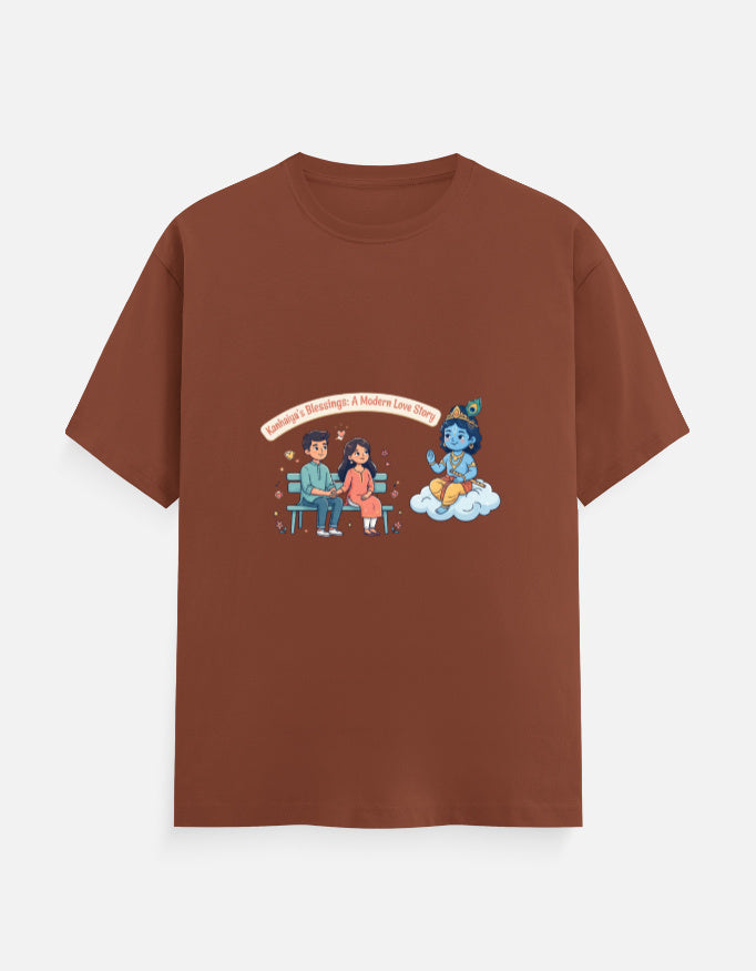 Brown unisex crew neck t-shirt with Radha Krishna graphic on the front